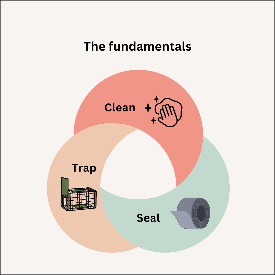 Diagram showing rodent-control fundamentals: trap, clean, seal